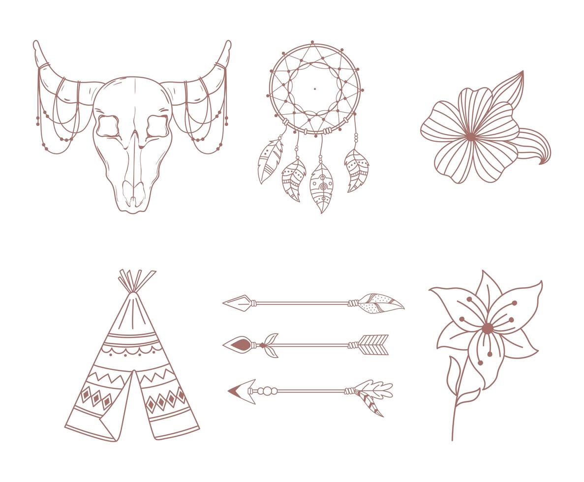 set di icone boho e tribali freccia teepee toro teschio acchiappasogni e fiori vettore