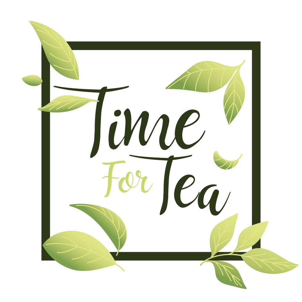 tempo per il tè con foglie nel disegno vettoriale cornice frame
