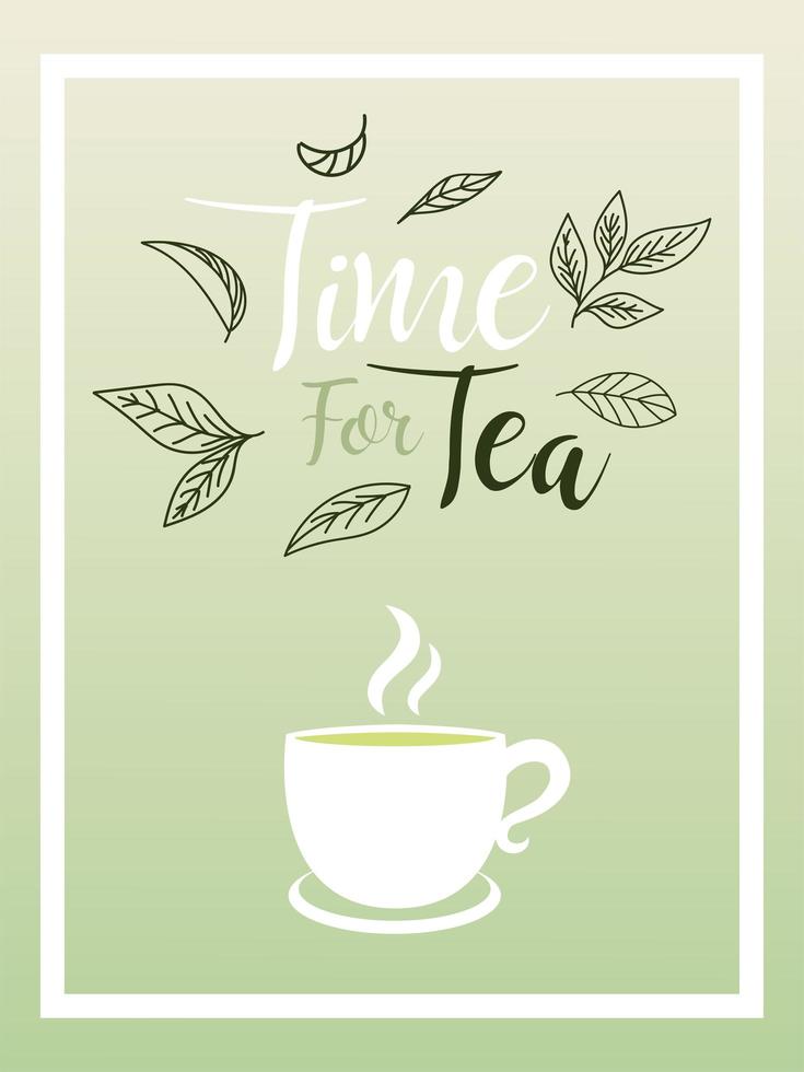 tempo per il tè con tazza e foglie nel disegno vettoriale del telaio frame