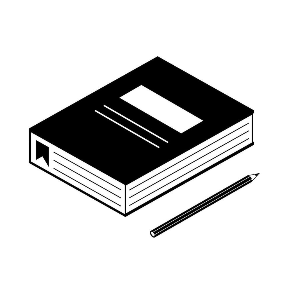 libro e matita. isometrico 3d vettore illustrazione. nero e bianca lineare disegno di taccuino. immagine per formazione scolastica, poesia o scienza.
