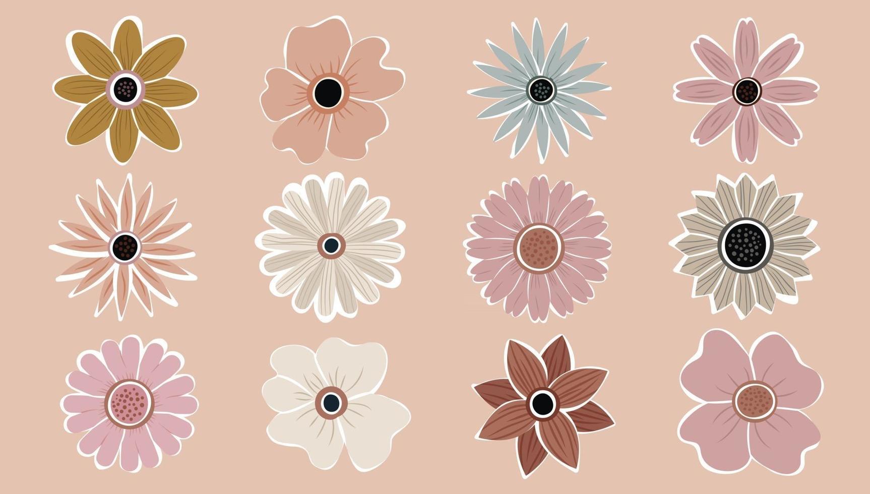 fiore semplice astratto disegnato a mano varie forme set di fiori di campo. natura botanica fiori oggetti vettore moderno alla moda contemporaneo. raccolta di illustrazione di elementi.