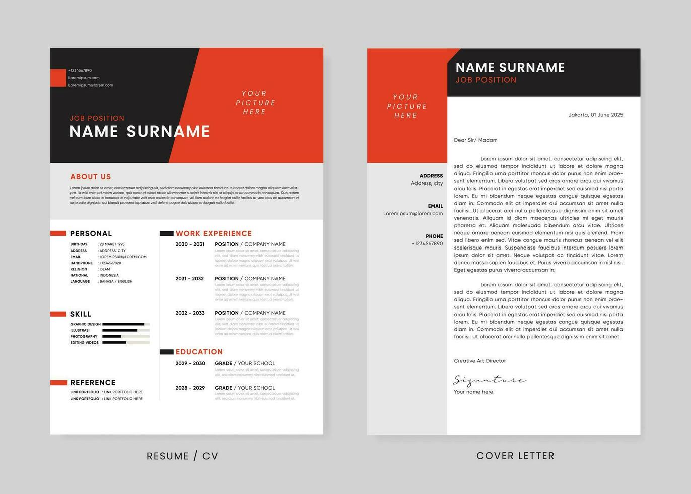 minimalista CV curriculum vitae e copertina lettera design modello. programma scolastico vitae pulito e chiaro professionale moderno design. elegante minimalista elementi e icone con rosso e nero colore - vettore modello.