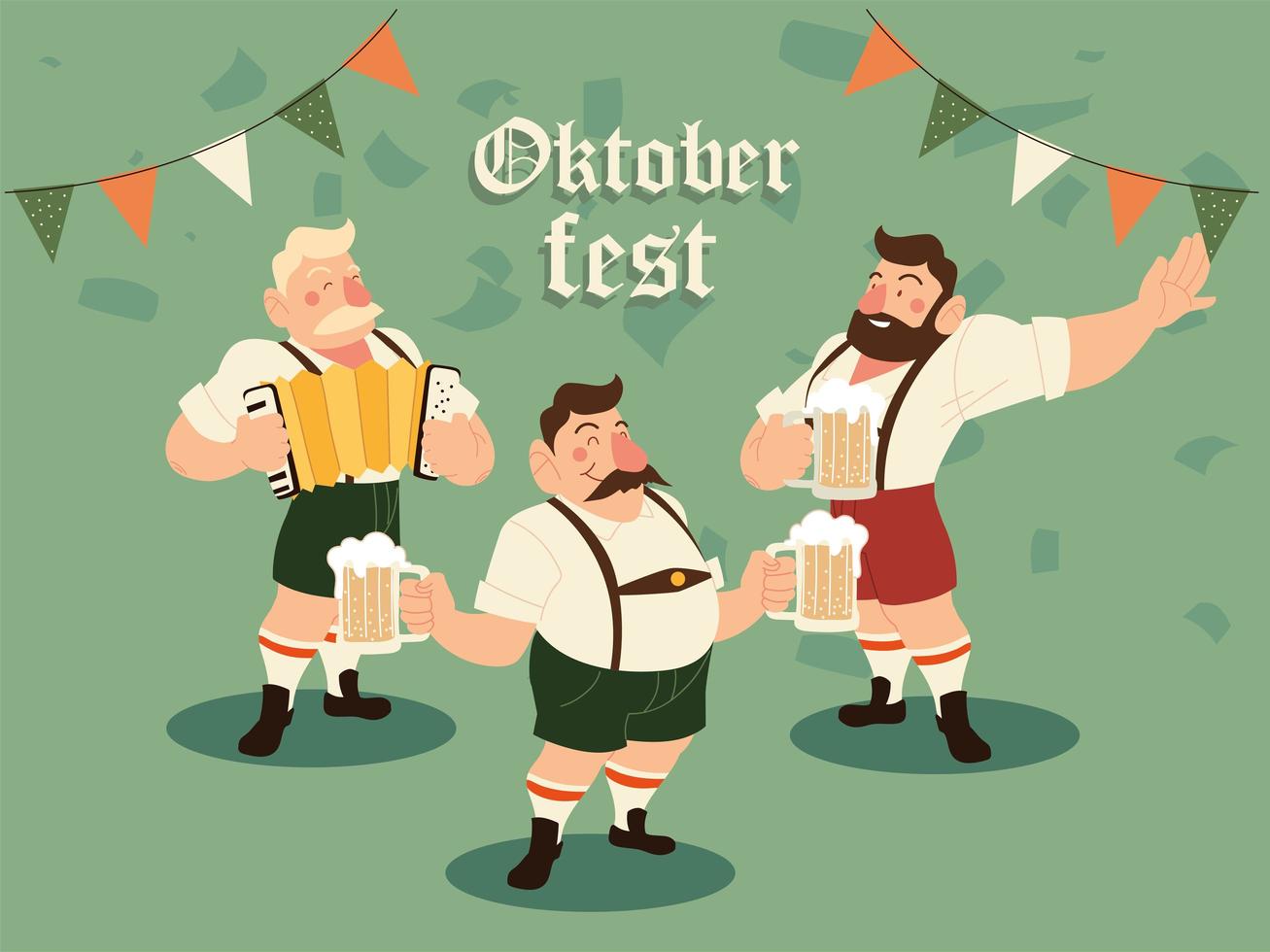 gli uomini dell'oktoberfest con la tradizionale birra in stoffa e il disegno vettoriale dello stendardo dello stendardo