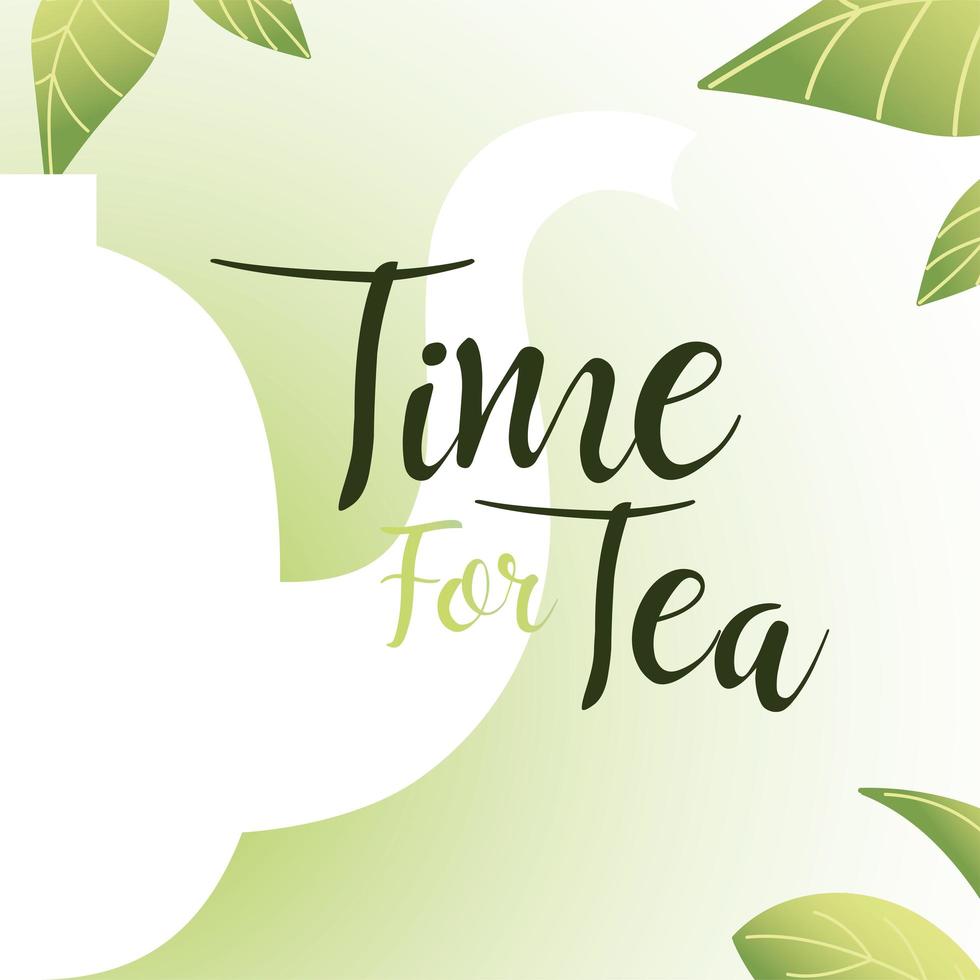 tempo per il tè con vaso e foglie disegno vettoriale