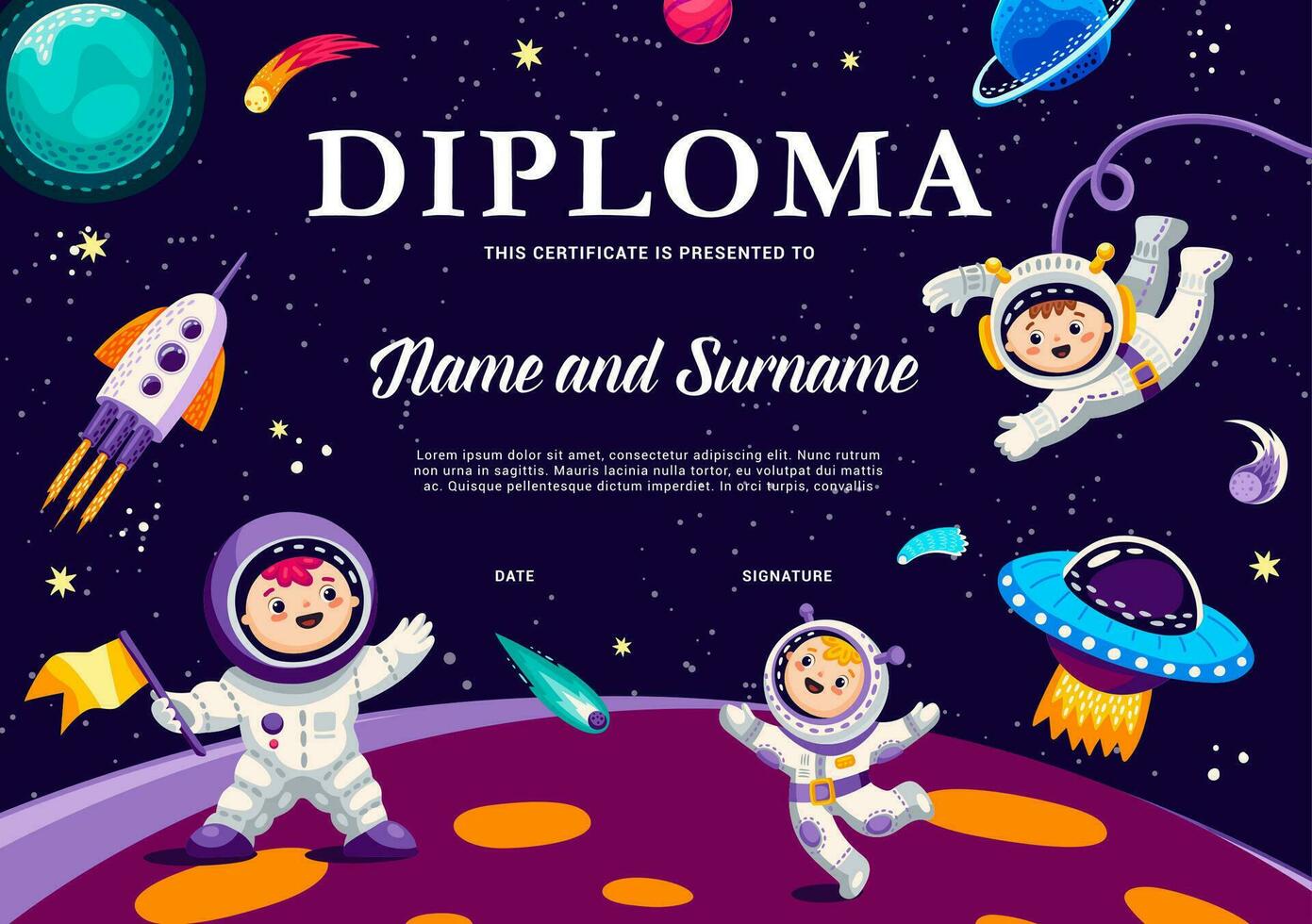 bambini astronauta diploma. ragazzi e ragazza astronauti vettore