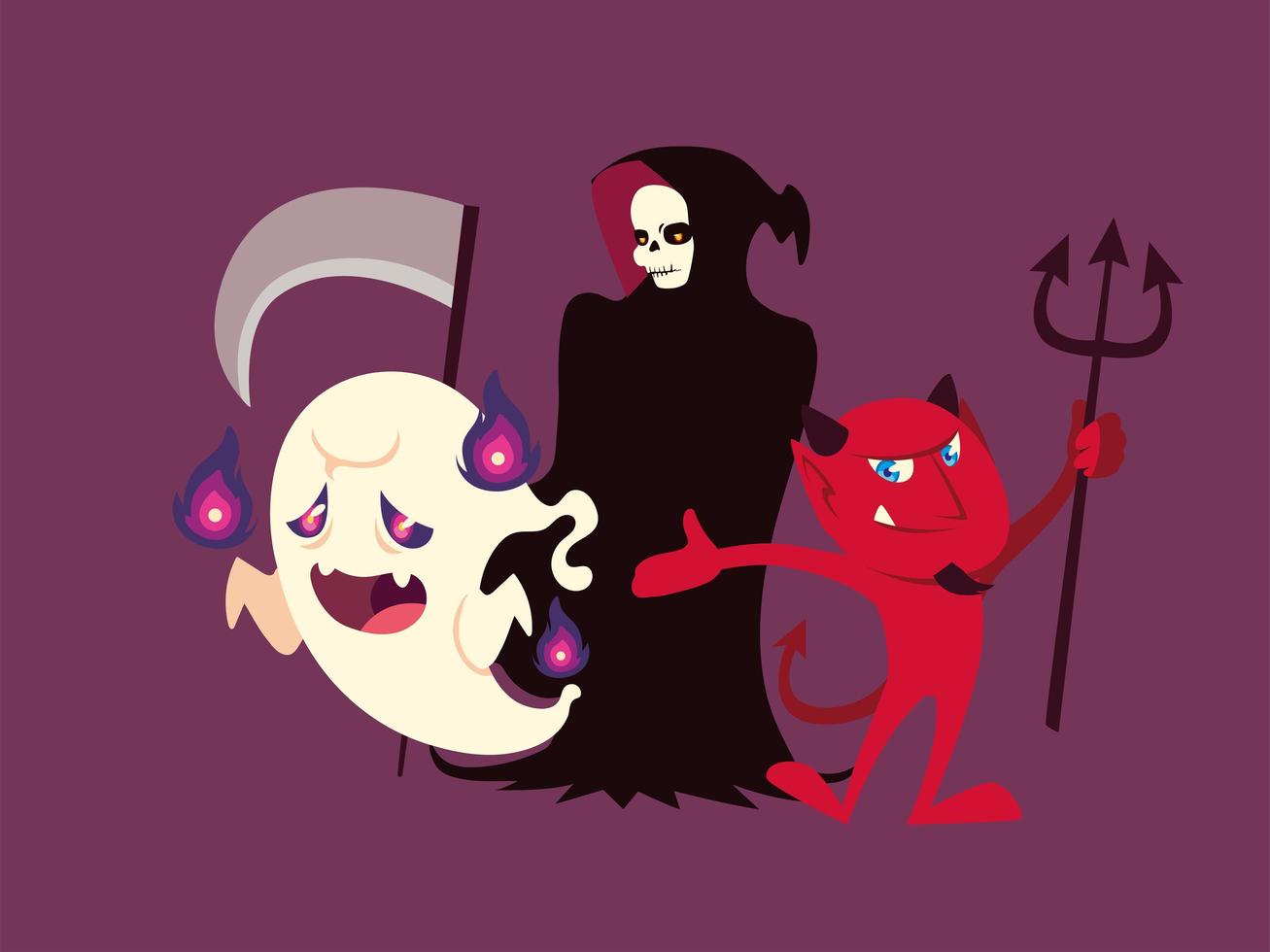 set di personaggi halloween fantasma, morte e diavolo vettore