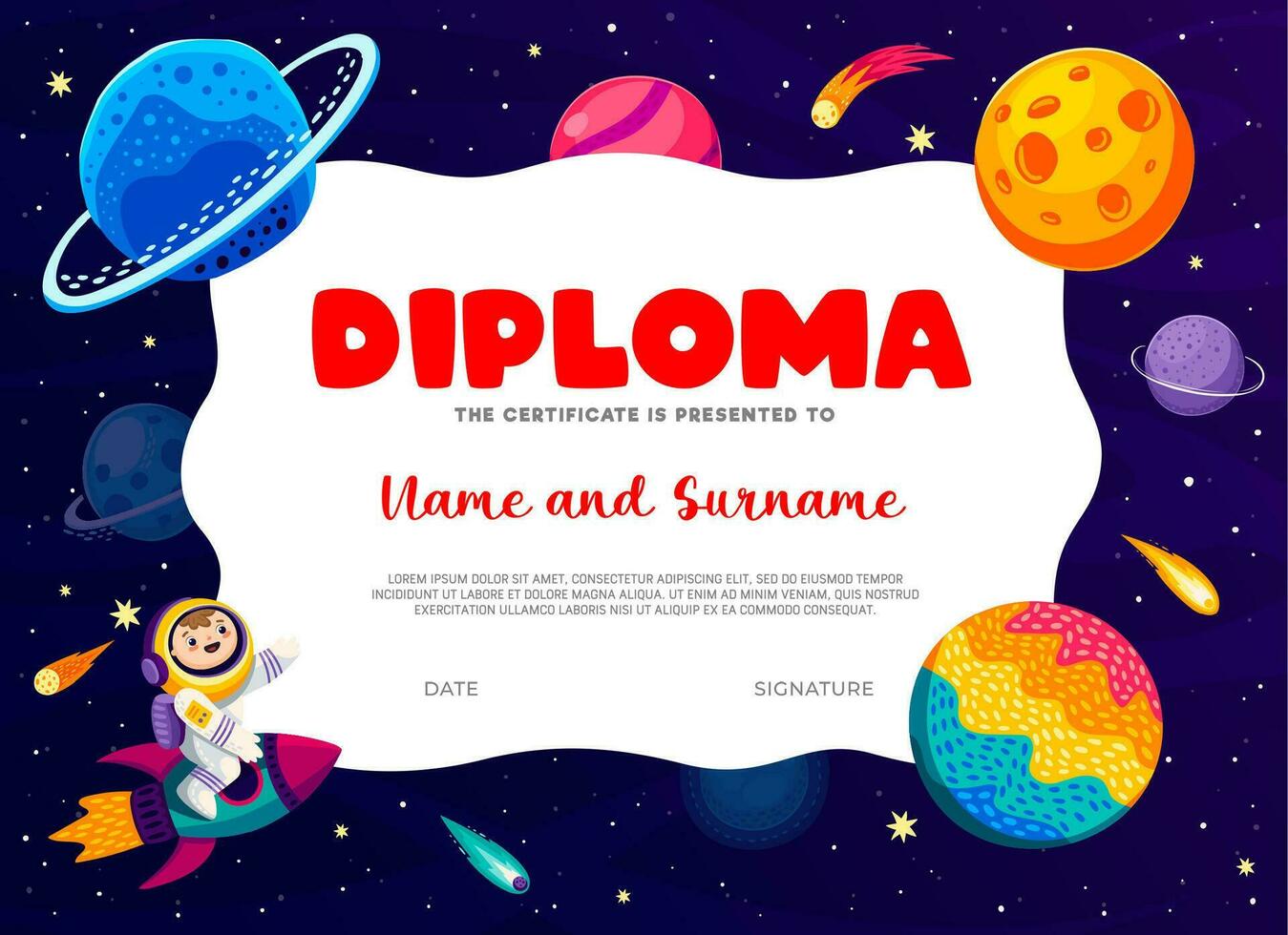 bambini diploma. cartone animato astronauta su razzo nel spazio vettore