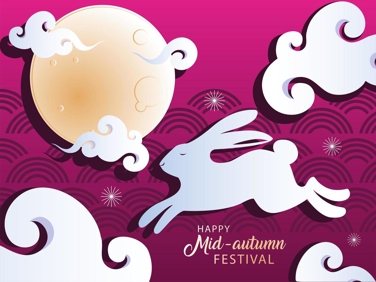 festival di metà autunno o festival della luna con coniglio e luna, poster vettore