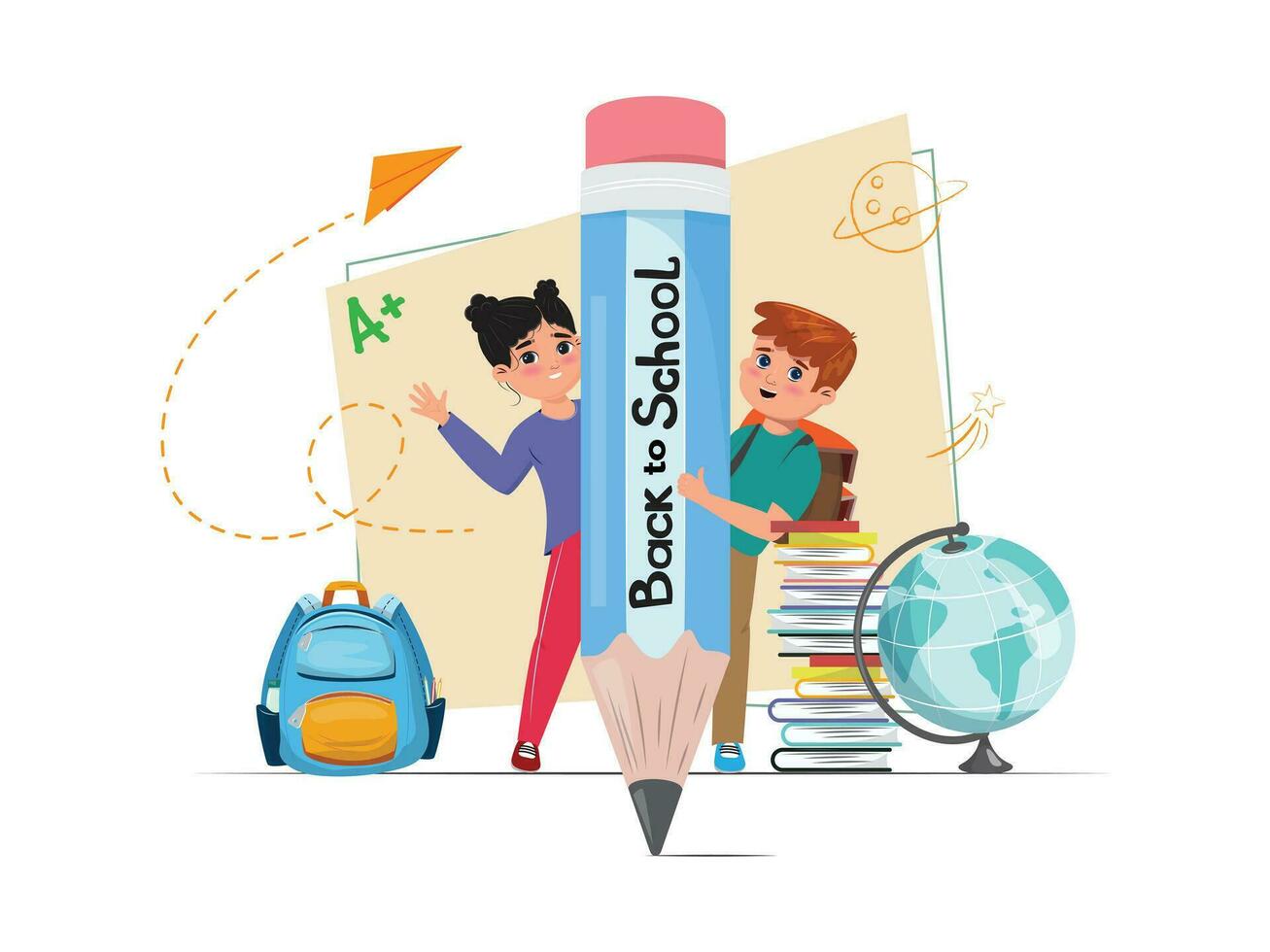 illustrazione con un' ragazzo e ragazza dietro a un' enorme matita con testo indietro per scuola vettore