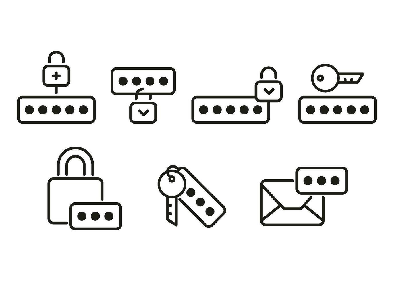 sicurezza parola d'ordine di account con chiave, serratura tecnologia, linea icone impostare. personale codice su serratura, smartphone, computer, account su luogo. autorizzazione sicurezza, sicuro chiave. modificabile ictus. vettore cartello