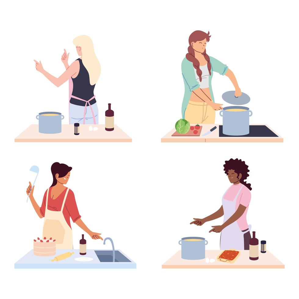 set di donne che preparano cibo su sfondo bianco vettore