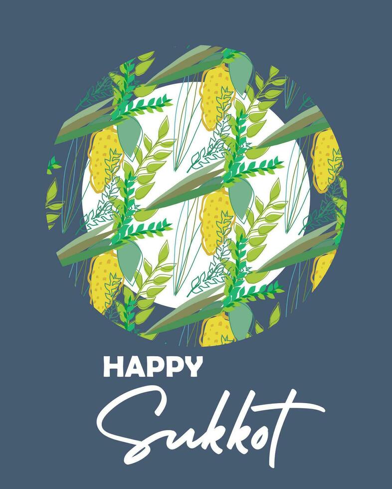 contento sukkot. ebraico vacanza capanne modello per saluto carta con etrog, lulav, arava, hadas. vettore