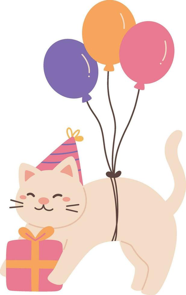 carino gatto con palloncini . contento compleanno. carino gatto con regalo scatola vettore