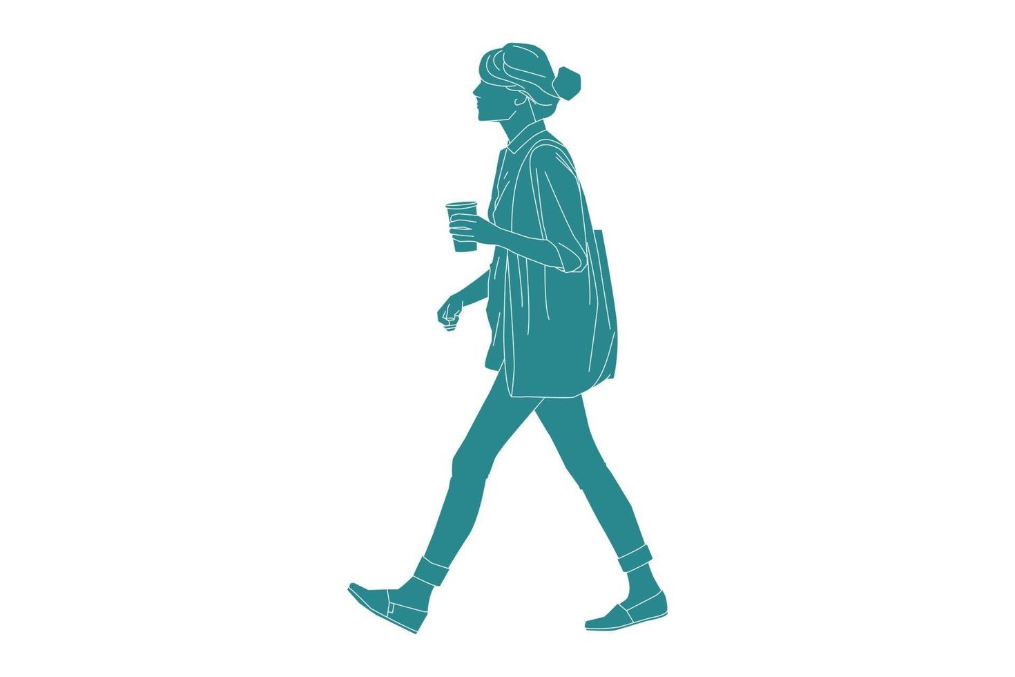 illustrazione vettoriale di donna alla moda che cammina con caffè caldo, stile piatto con contorno