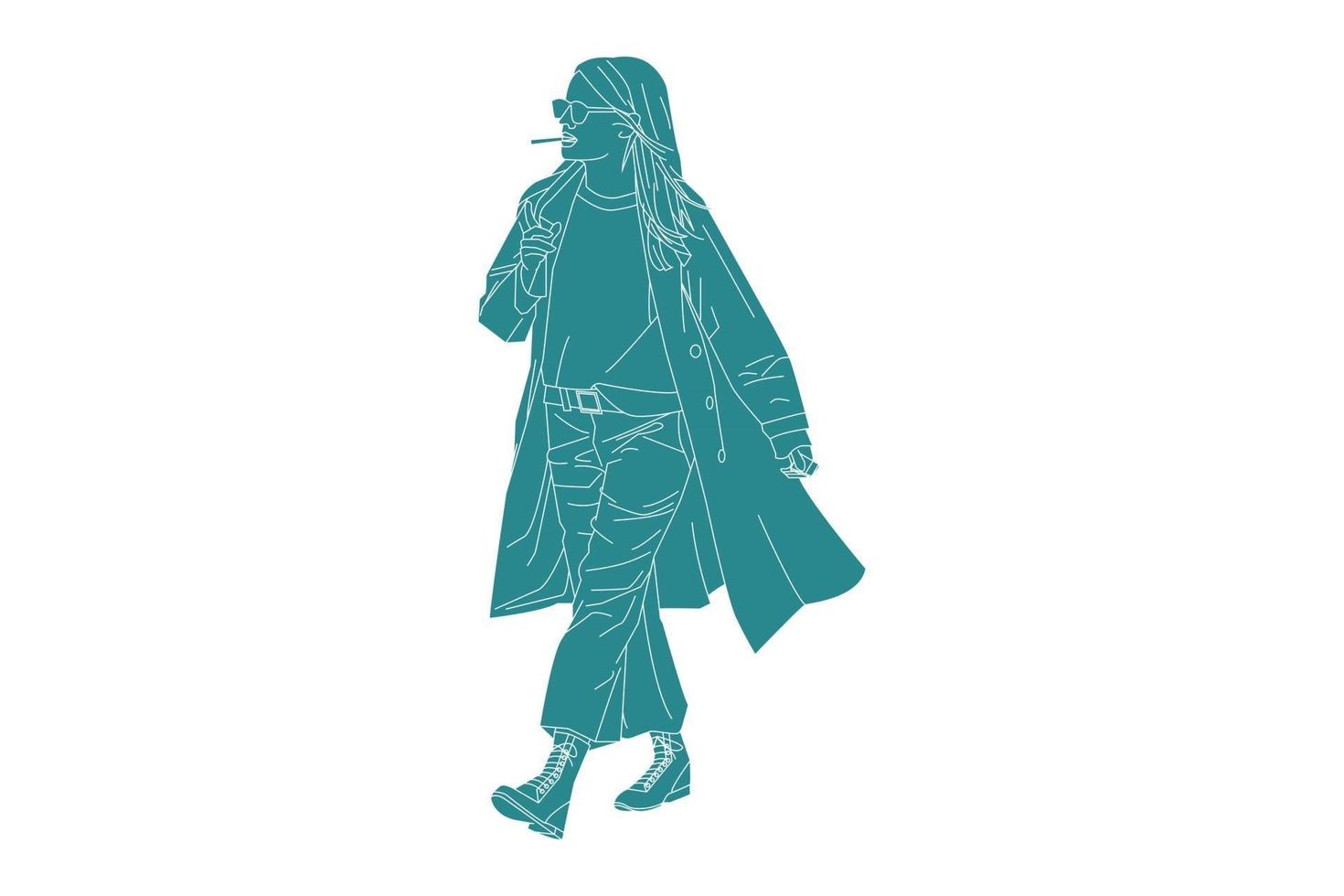 illustrazione vettoriale donna alla moda che cammina sulla strada laterale, stile piatto con contorno