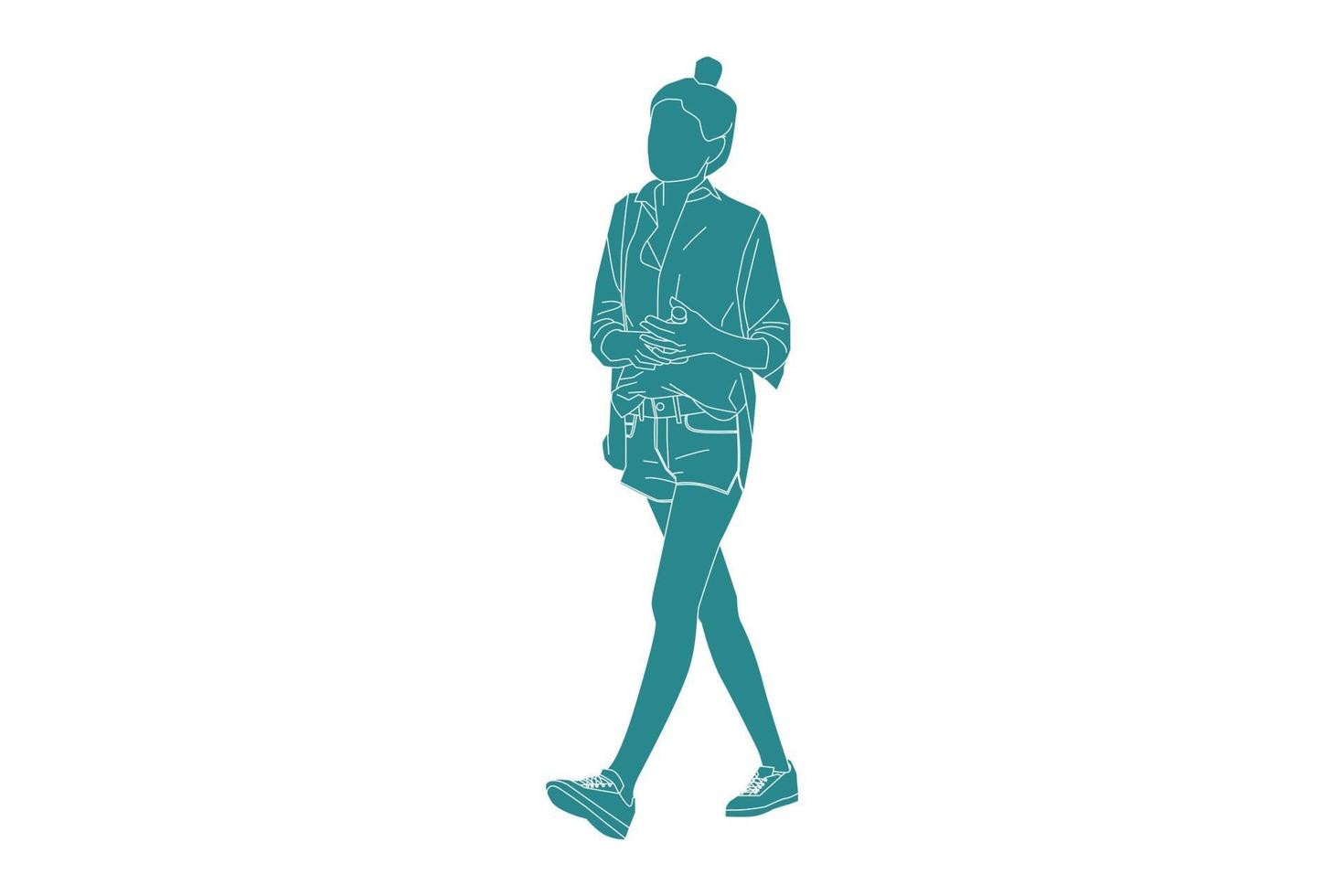 illustrazione vettoriale di una donna elegante che cammina con la sua bottiglia d'acqua, stile piatto con contorno