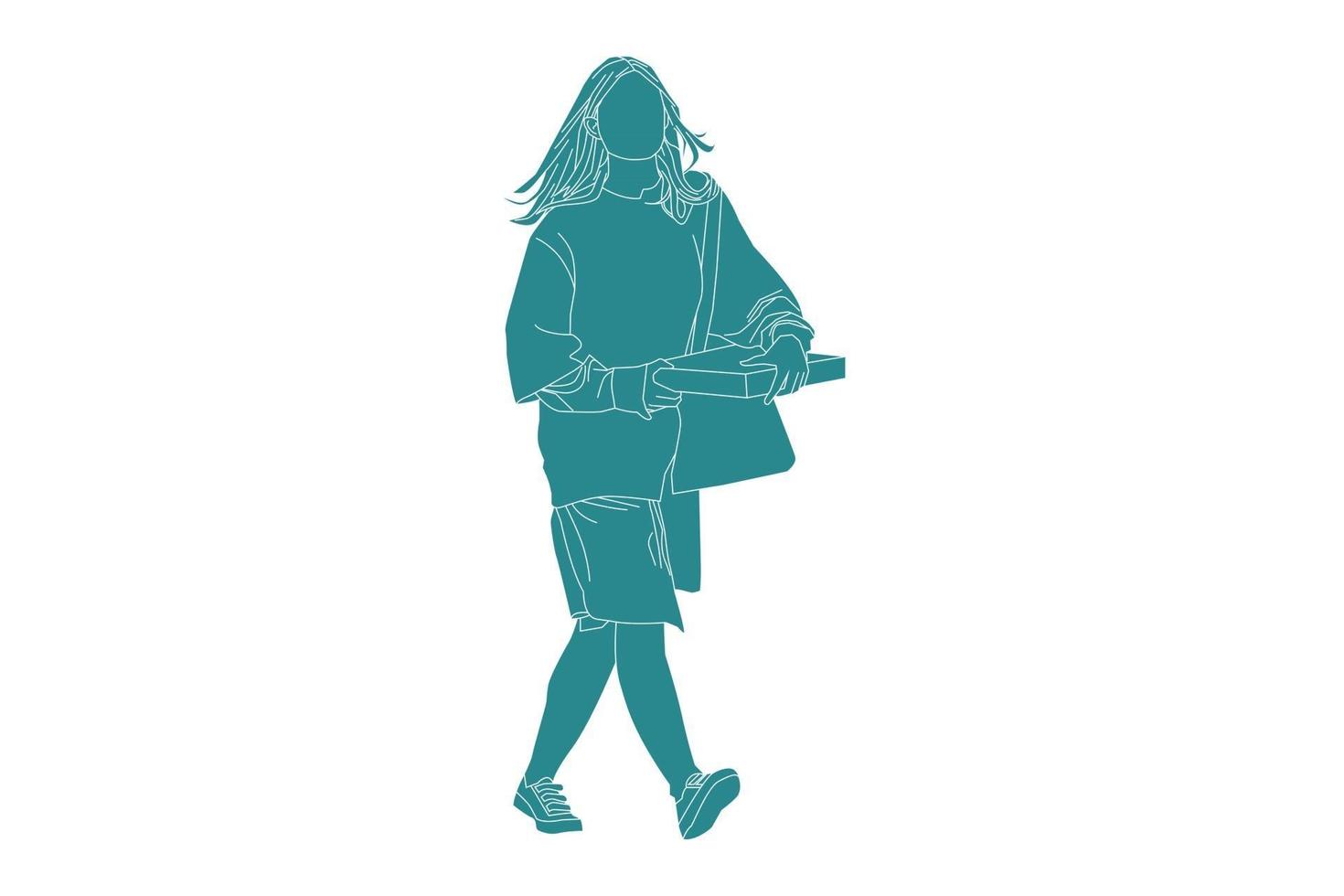 illustrasion vettoriale di donna portare pizza, stile piatto con contorno