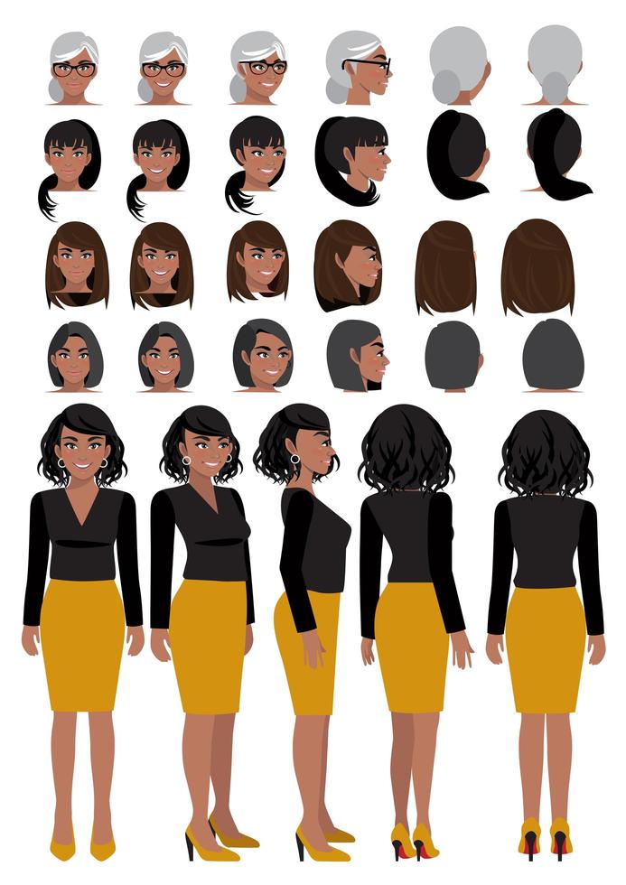 personaggio dei cartoni animati della donna d'affari afroamericana in abbigliamento casual e acconciatura diversa per la collezione di vettori di design di animazione