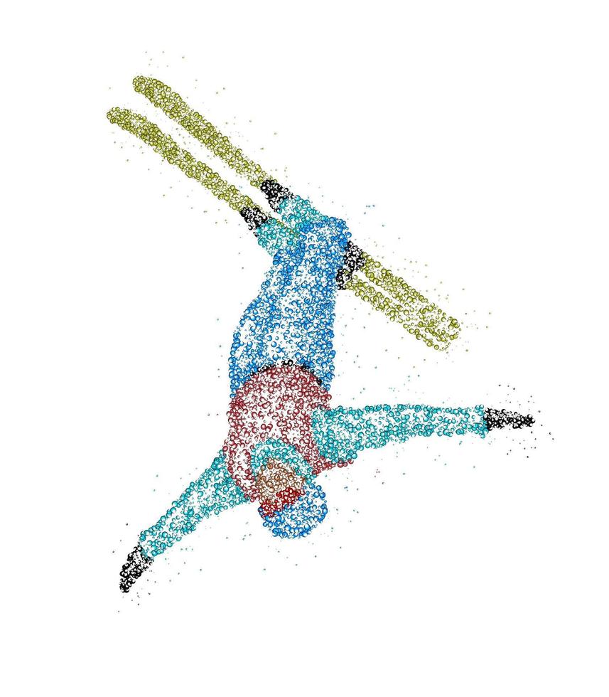 sciatore astratto che salta fuori i cerchi colorati. illustrazione vettoriale. vettore