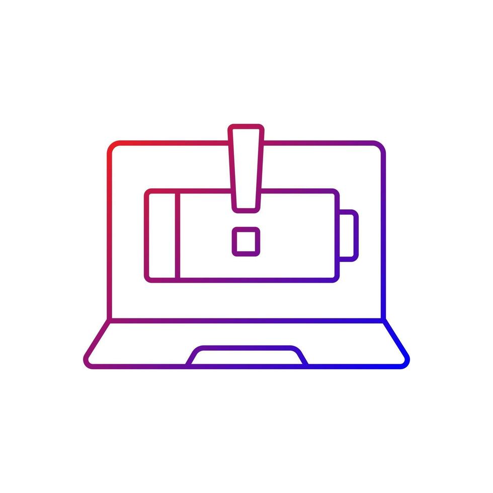 il computer non carica l'icona del vettore lineare gradiente. batteria del notebook rotta. problema di fornitura di energia elettrica. servizio di riparazione. simbolo del colore della linea sottile. pittogramma in stile moderno. disegno vettoriale isolato contorno