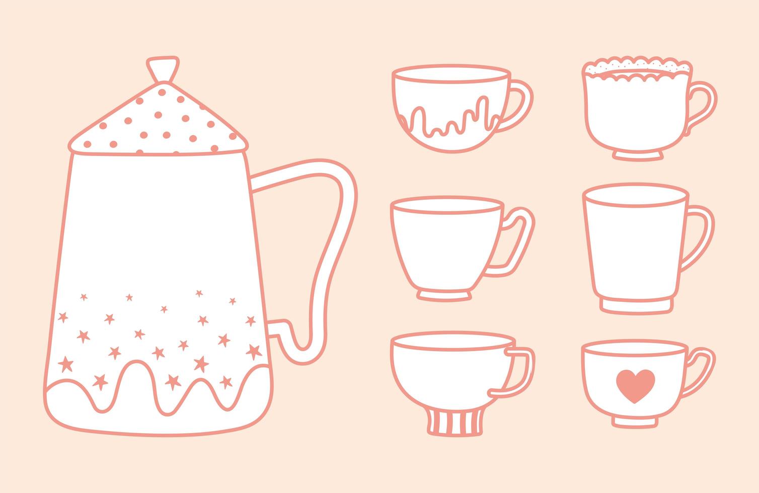 bollitore per tè e caffè e collezione tazze varie, stile linea vettore