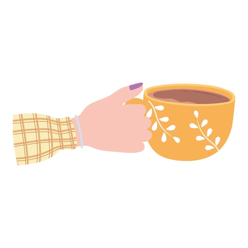 mano femminile con tazza di caffè gialla, bevanda calda fresca vettore