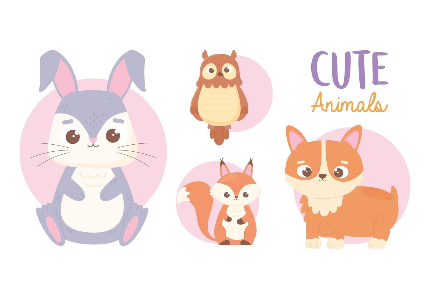simpatici animali coniglietto cane gufo e scoiattolo icone dei cartoni animati vettore
