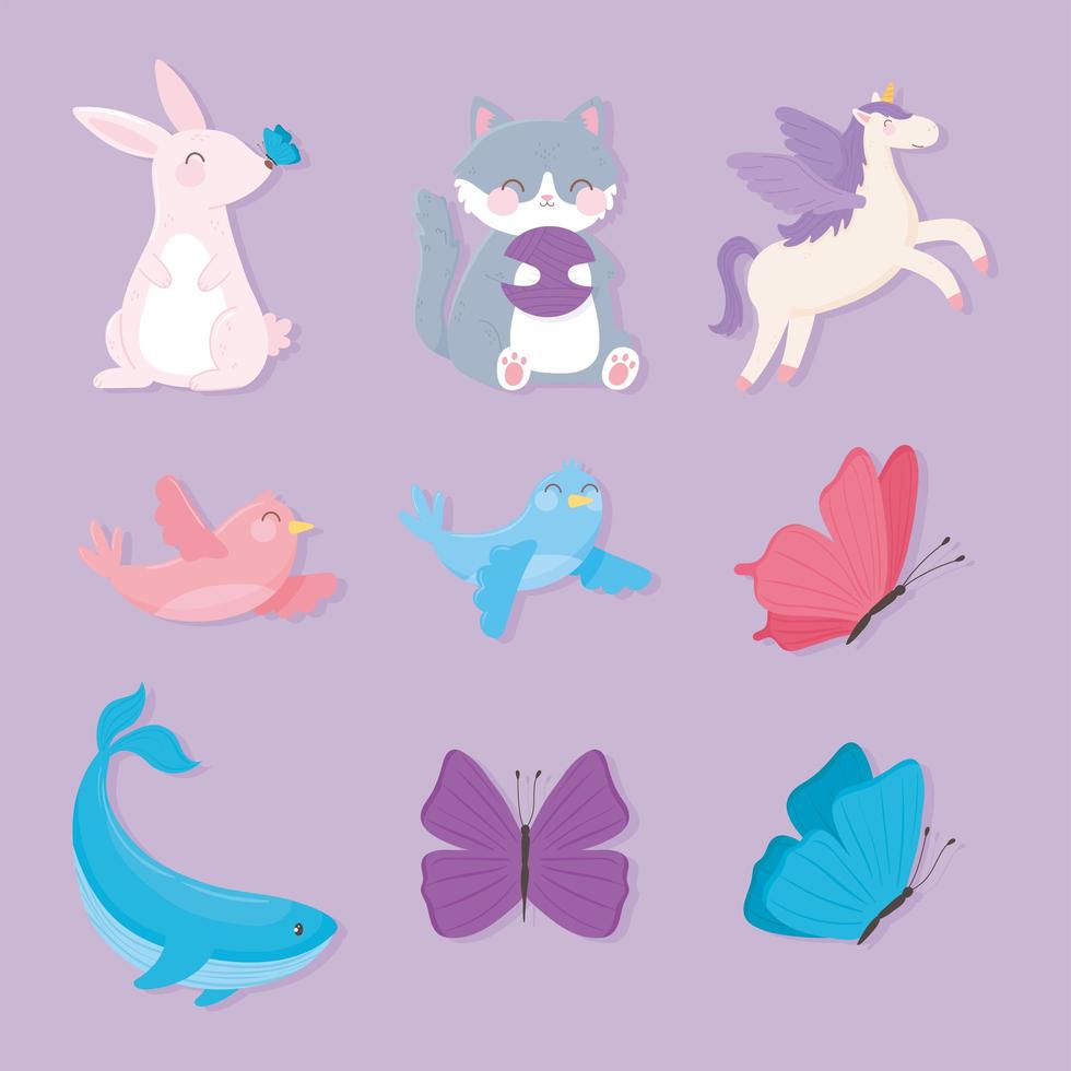 simpatico coniglio gatto unicorno farfalle balena uccelli animali icone dei cartoni animati vettore