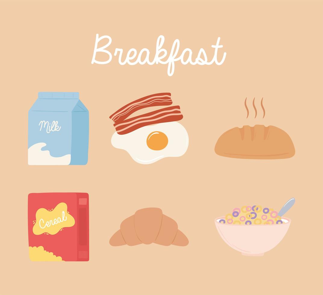set di icone per la colazione, latte, uova, bacon, pane, cereali, latte e croissant vettore