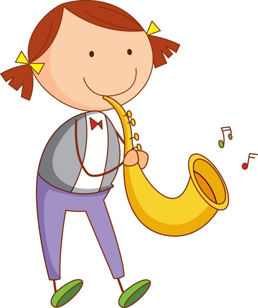 un bambino di doodle che gioca il personaggio dei cartoni animati del sassofono isolato vettore