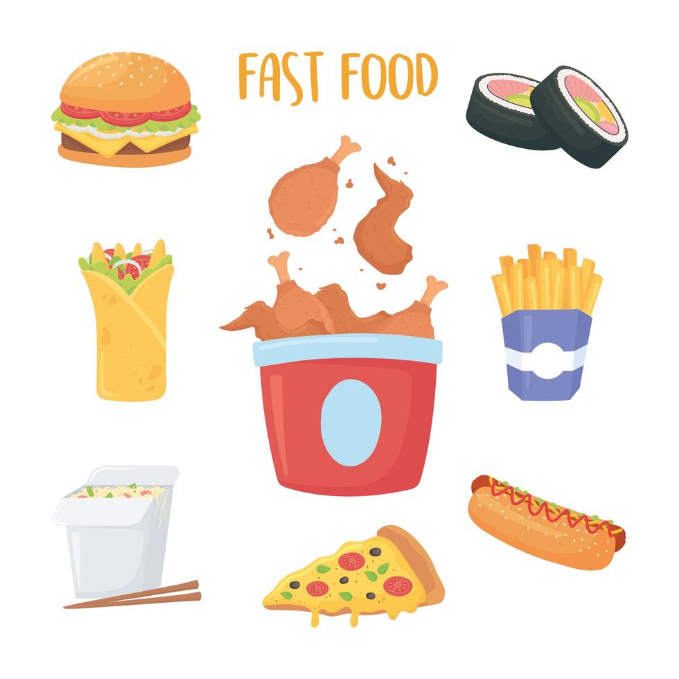 fast food, pollo in scatola, sushi burrito patatine fritte hamburger soda hot dog vettore