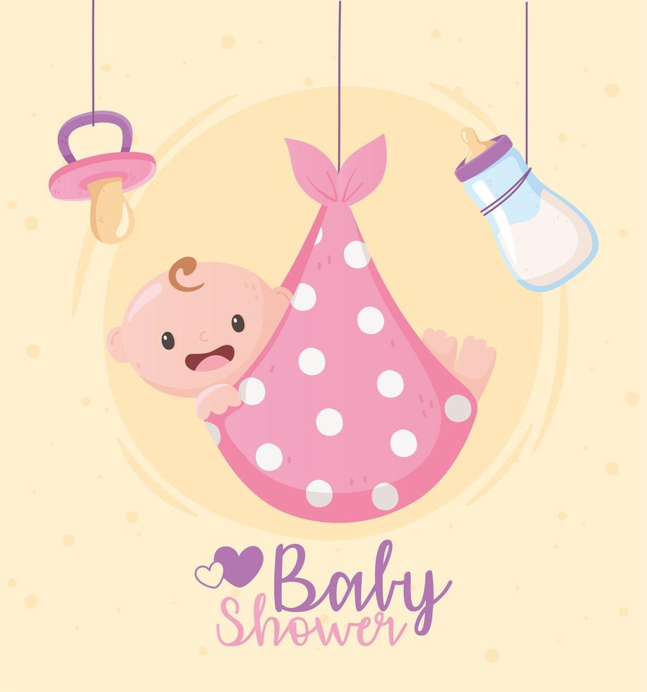 baby shower, biglietto di auguri appeso ciuccio bambino e biberon vettore