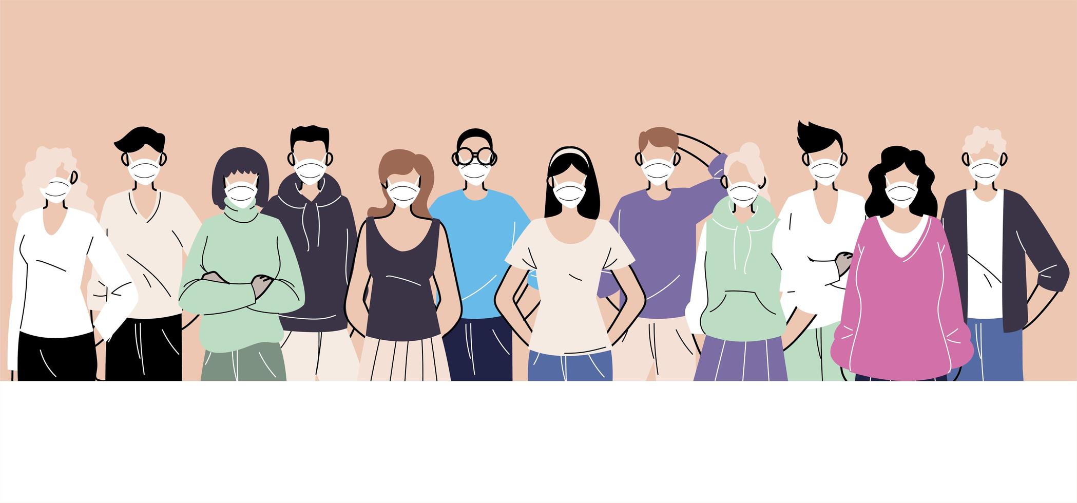 gruppo di persone in maschere mediche protettive, donna e uomo che indossano protezione dal coronavirus vettore