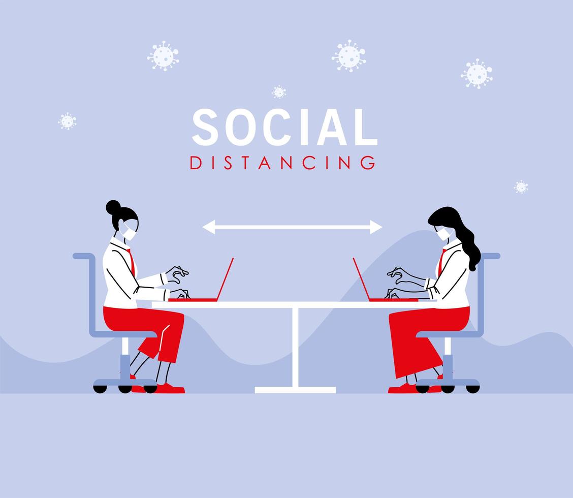 distanza sociale tra donne con maschere e laptop sul disegno vettoriale del tavolo