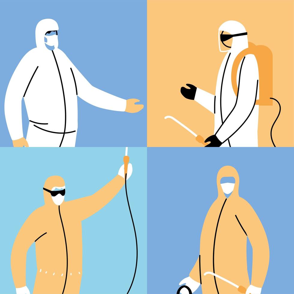 le squadre di lavoro indossano tute protettive, disinfezione di poster da coronavirus vettore
