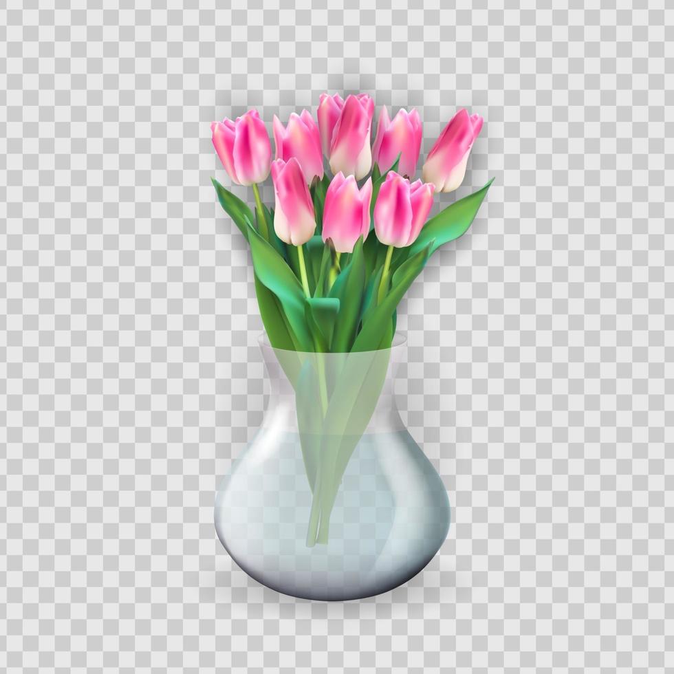 vaso trasparente in vetro 3d realistico con fiore di tulipani. elemento di design per poster, biglietto di auguri. illustrazione vettoriale eps10