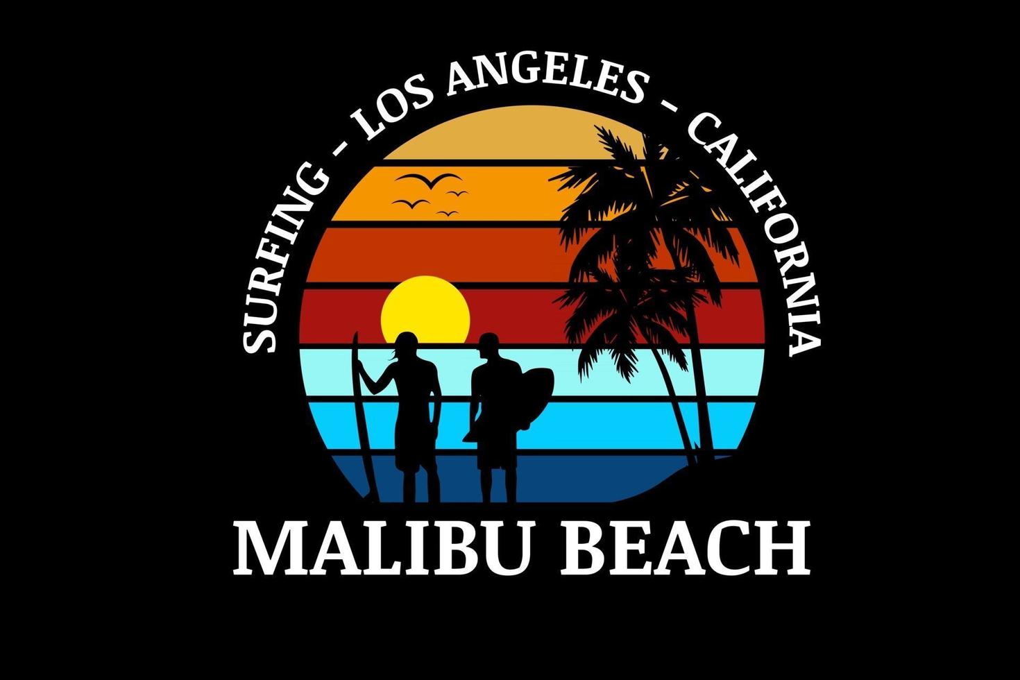 surf california malibu beach colore arancione rosso e blu vettore