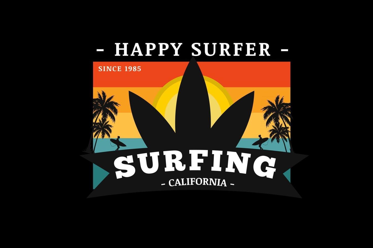 felice surfista california surf colore giallo arancio e verde vettore