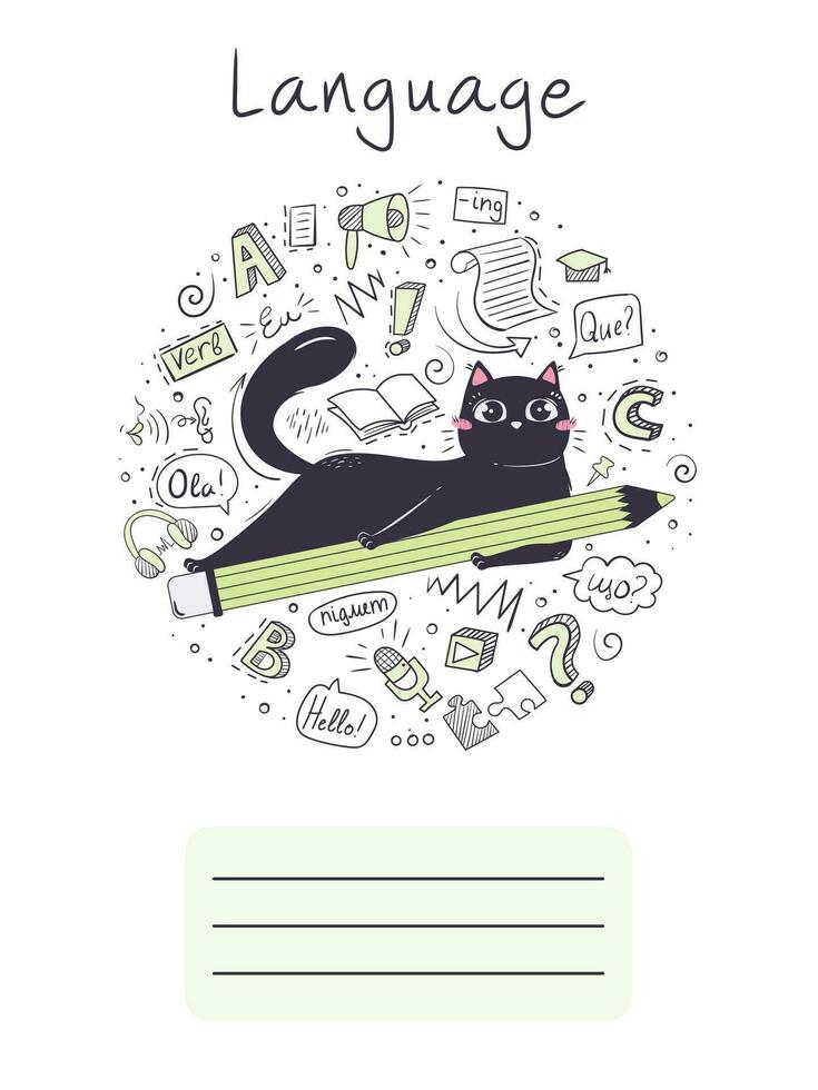 cartella di lavoro copertina per scuola soggetto linguaggio con carino gatto. vettore