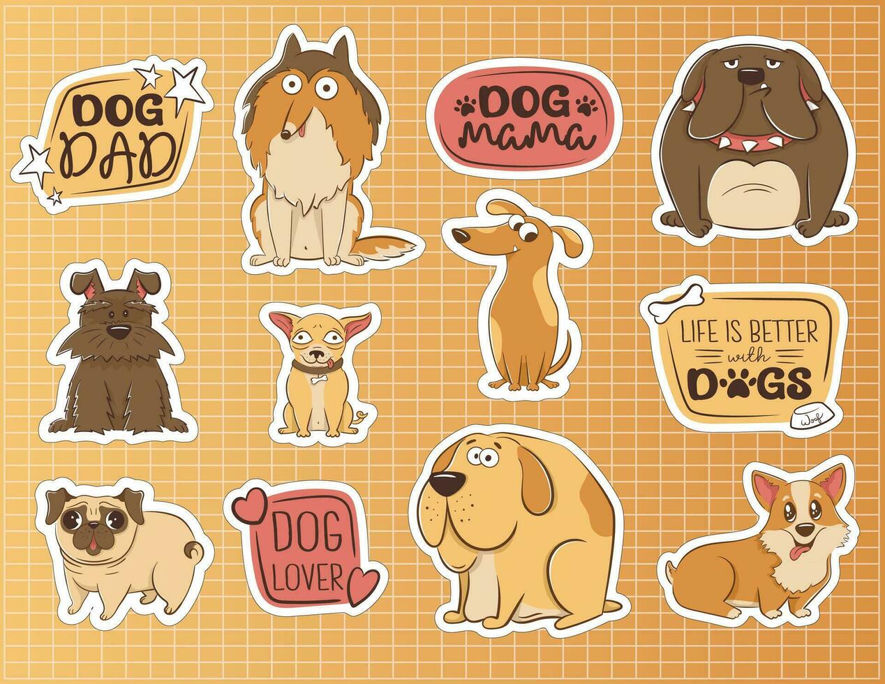 collezione di adesivi con divertente di razza cani. cartone animato animali domestici. vettore