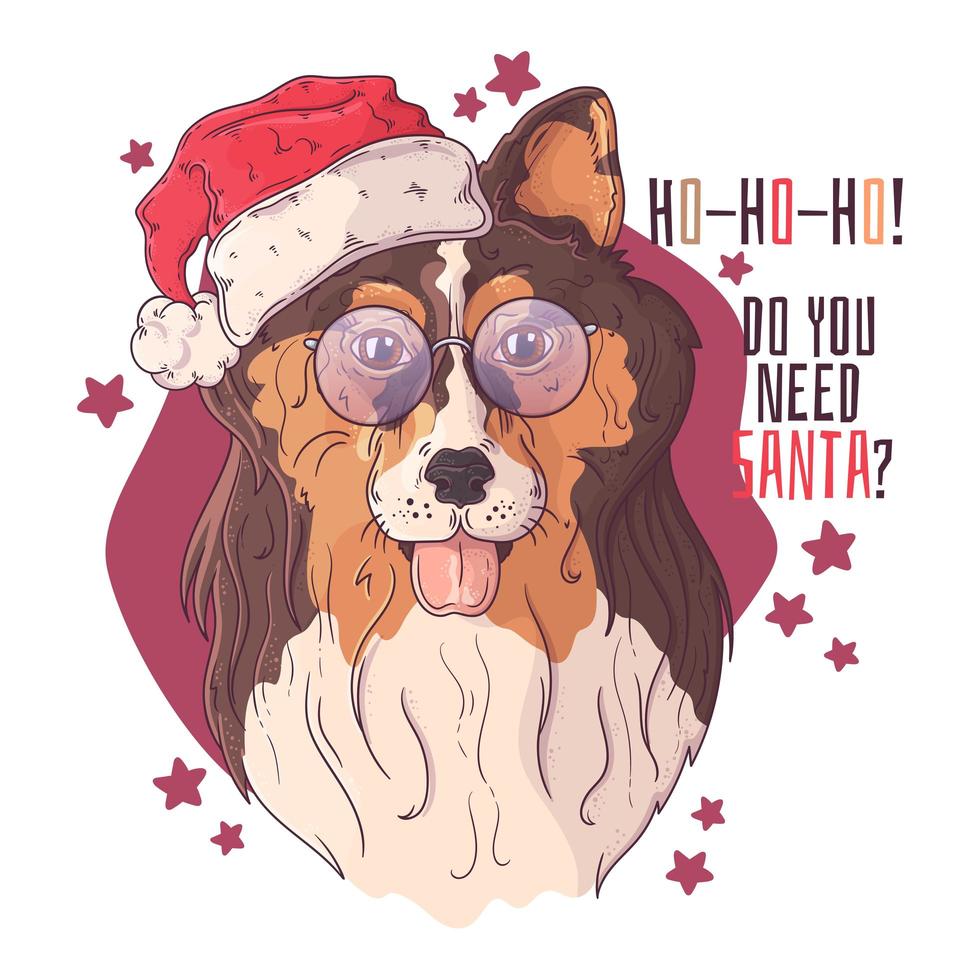 ritratto disegnato a mano del cane collie nel vettore degli accessori di natale.