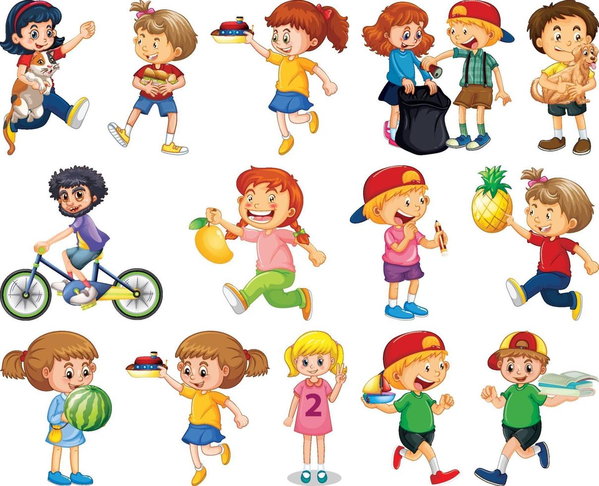 bambini che fanno diverse attività personaggio dei cartoni animati impostato su sfondo bianco vettore