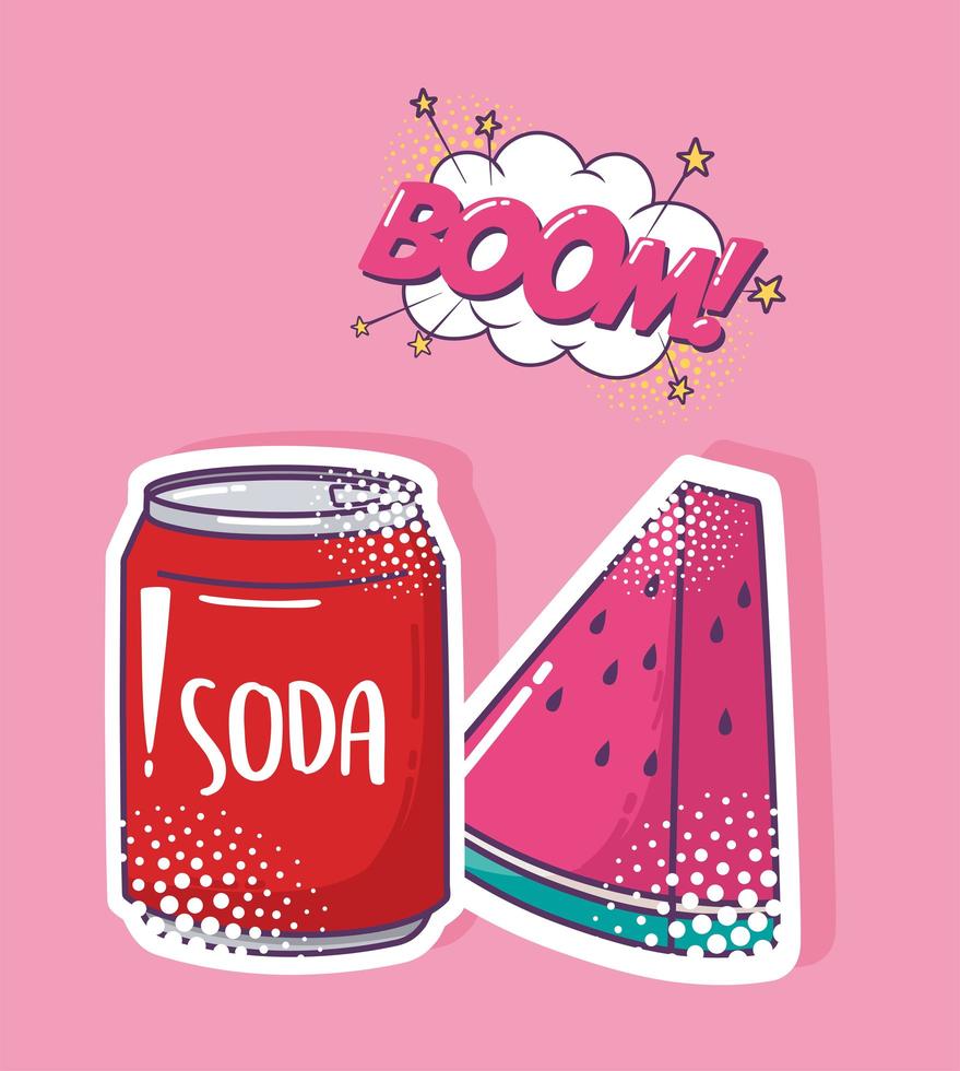 set di icone adesive elemento pop art, soda, anguria e nuvola boom vettore