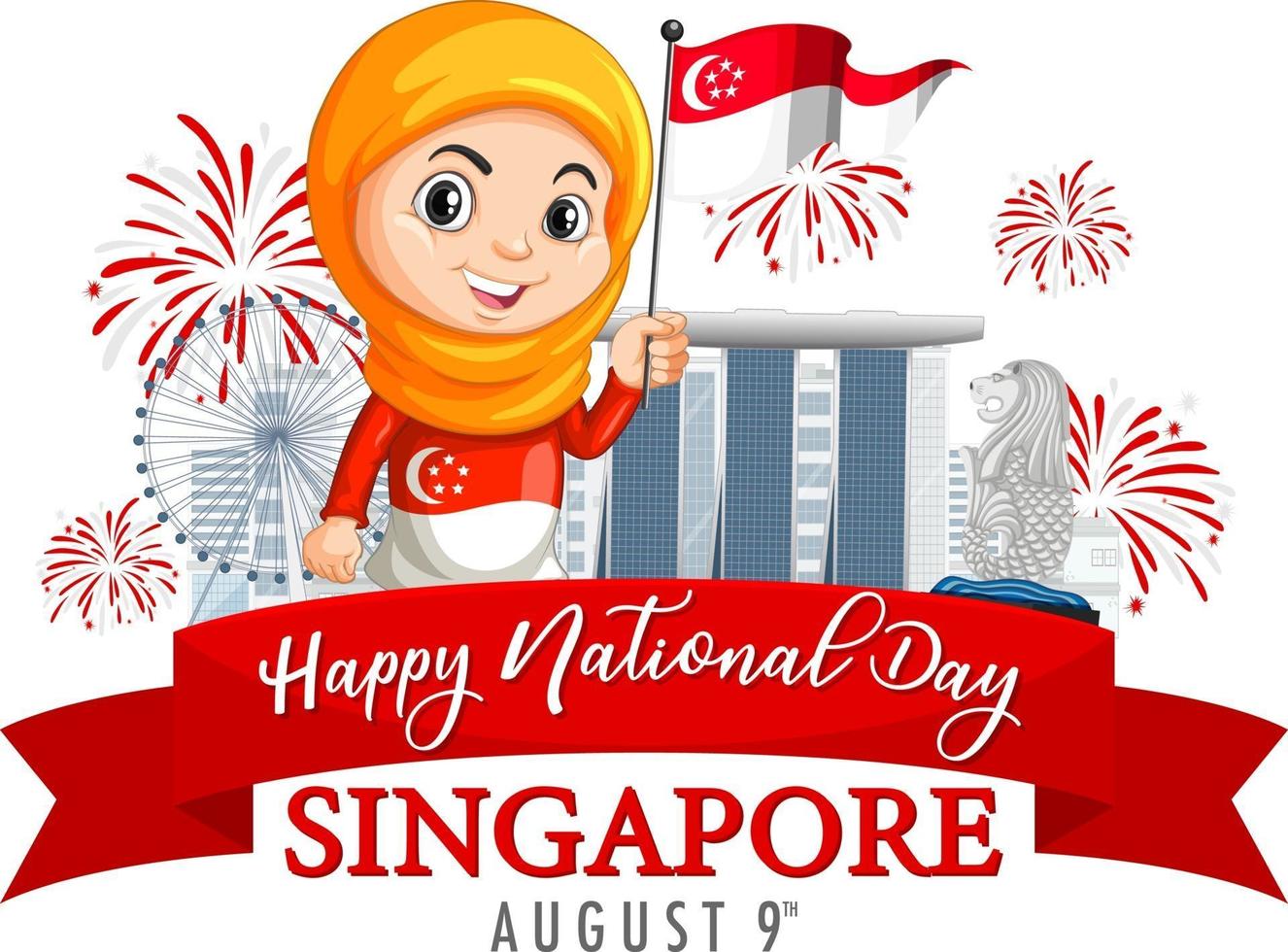 la festa nazionale di singapore con una ragazza musulmana tiene il personaggio dei cartoni animati della bandiera di singapore vettore