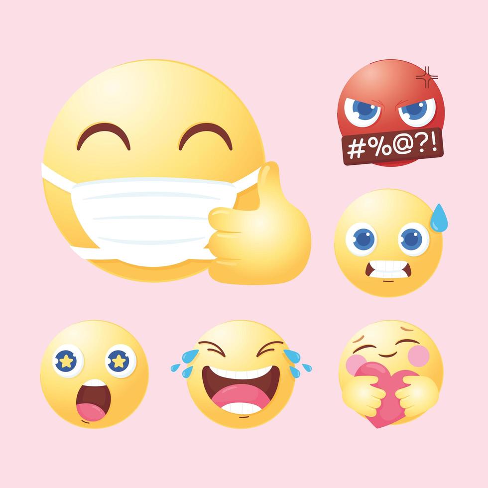 le facce emoji dei social media impostano icone sorpresa di amore arrabbiato vettore