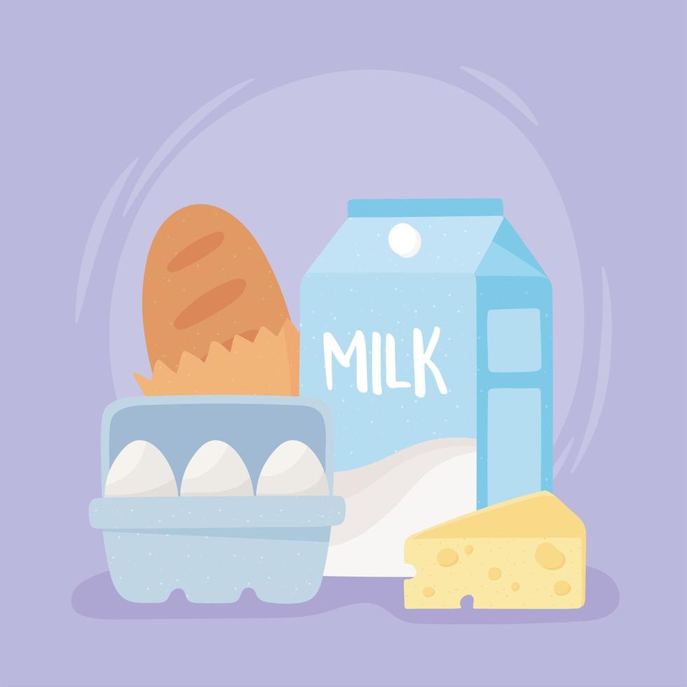 prodotti per la colazione latte pane uova e formaggio, spesa a domicilio vettore
