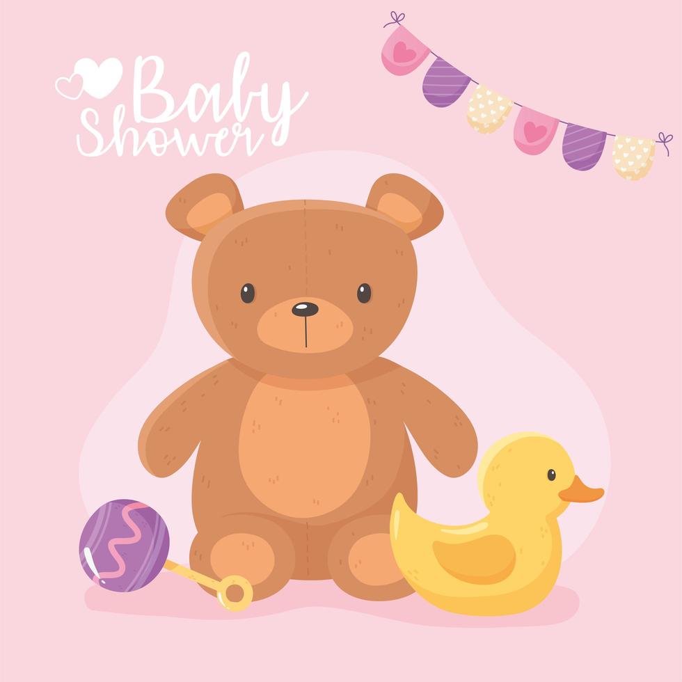 baby shower, orsacchiotto giocattolo per bambini anatra e sonaglio vettore
