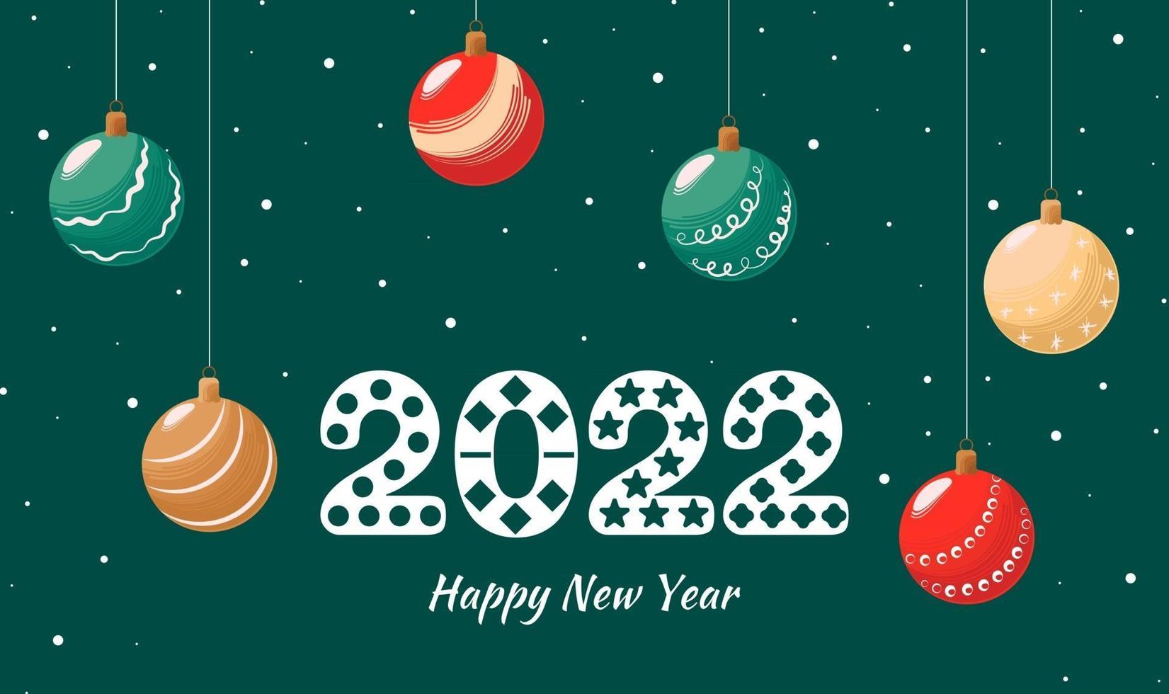 felice anno nuovo 2022. numero decorato con palle di natale e neve su sfondo verde. biglietto di auguri vettoriale. vettore