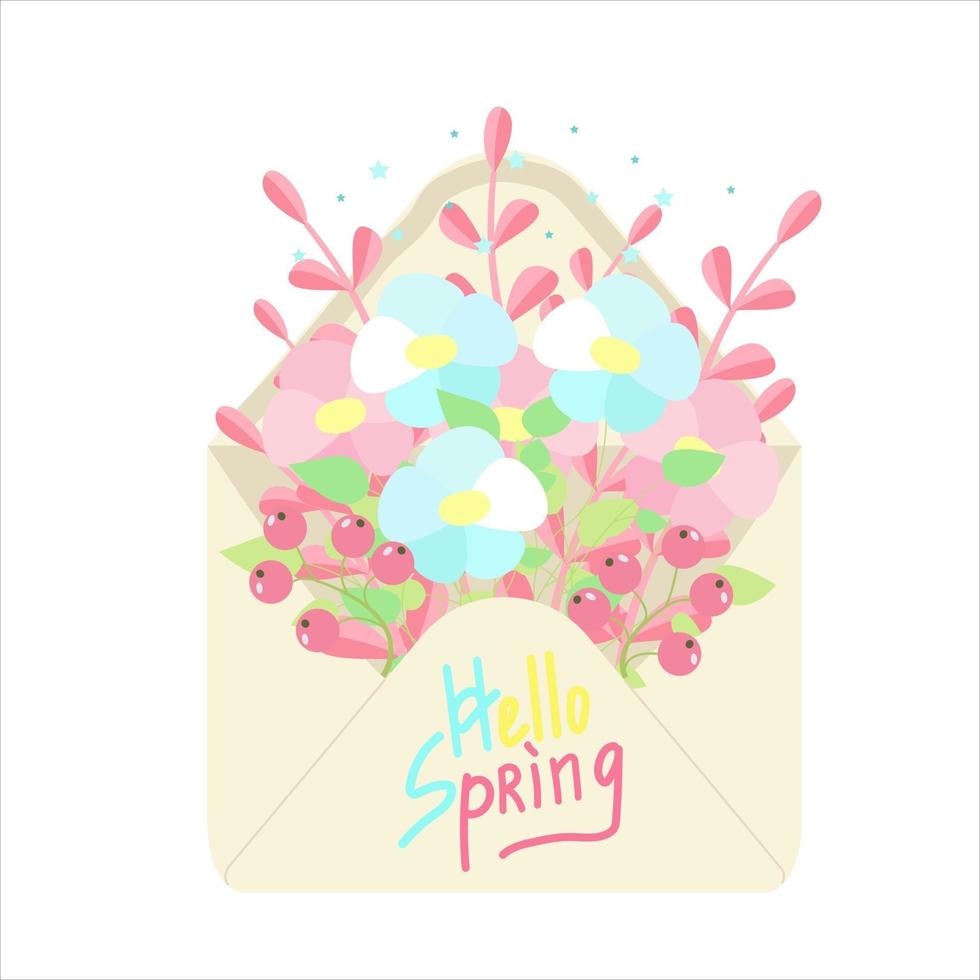 busta aperta con fiori primaverili all'interno, grazioso bouquet di fiori primaverili, ciao primavera, bei saluti con la primavera, illustrazione vettoriale in stile piatto.