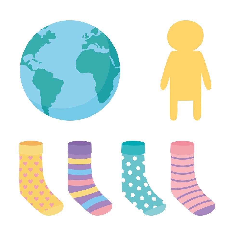 giornata mondiale della sindrome di down, calzini mondiali e icone per bambini vettore